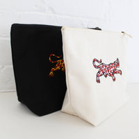Heart Panther Embroidered Accessory Bag: Black / Pink