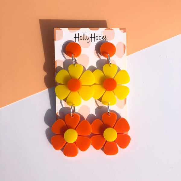 Colourful double flower retro earrings: Yellow/orange