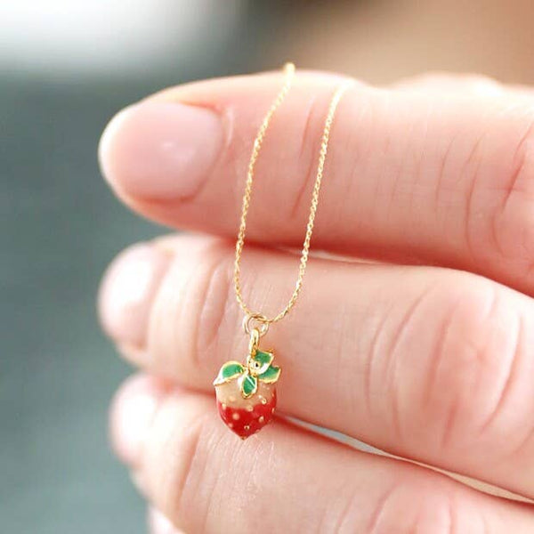 Tiny Strawberry Pendant Necklace in Gold