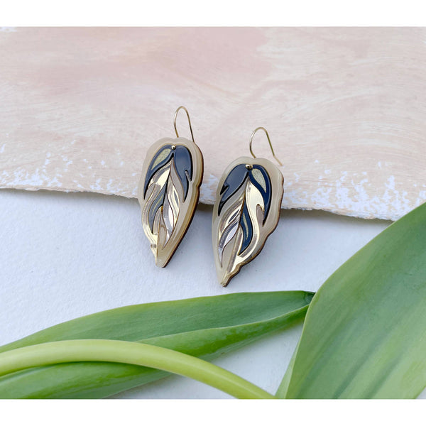 Calathea Leaf Hook Earrings : Gold & Bronze
