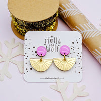Pink and gold deco sunburst drop earrings