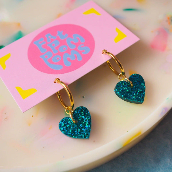 Turquoise Glitter Heart Hoop Earrings