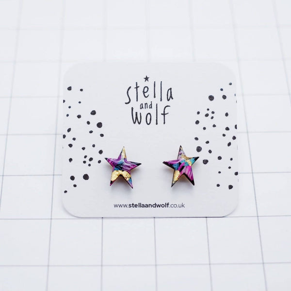 Wooden star earrings, hand painted wonky star